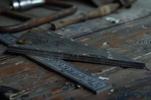 Metal angle ruler and measuring tape lying on workbench in workshop photo