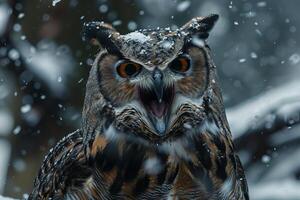 Great horned owl screaming under falling snow in winter forest photo