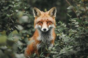 Red fox hiding in the forest and looking around photo