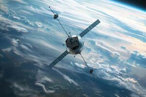 Spacecraft orbiting earth with cloud covered surface below photo