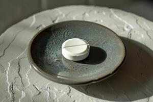 Single white pill lying on dark plate on white table illuminating by sun photo