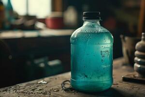 Cooling down a plastic bottle full of water is standing on a workbench in a workshop photo