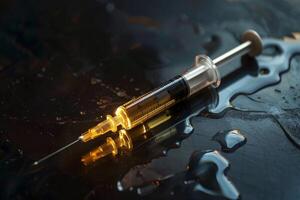 Syringe filled with liquid lying on wet black surface photo