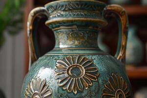 Elegant green ceramic vase with floral relief detailing standing on a wooden shelf photo