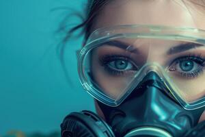 Young woman scientist wearing protective glasses and mask looking at you photo