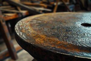 Closeup of round rusty metal table top showing welding marks in workshop photo