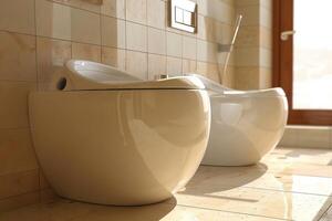 Modern bidet toilet and toilet bowl standing in a bathroom with tiled walls and floor photo