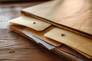 Stack of files with fasteners resting on wooden desk photo