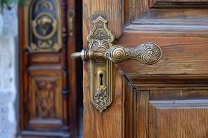 Old ornate door handle detail showing intricate design on wooden door photo