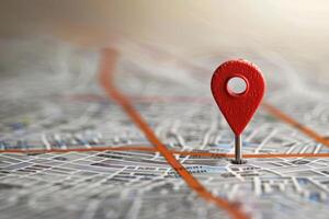Red location pin pointing a target on a map photo