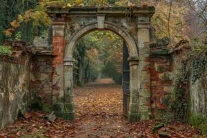 Old brick archway leading to autumn forest path photo
