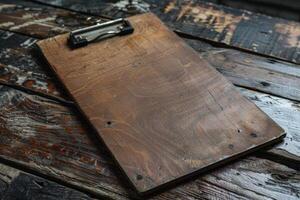 Empty wooden clipboard lying on rustic table is waiting for notes photo