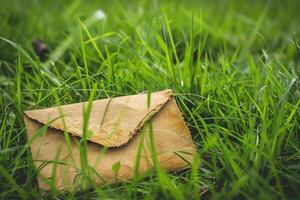 Old paper envelope lying in green grass photo