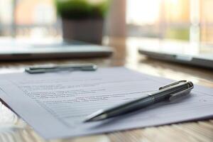 Pen lying on application form with laptop in the background photo