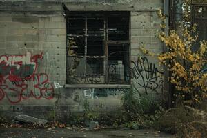 Broken window in old abandoned building covered with graffiti photo