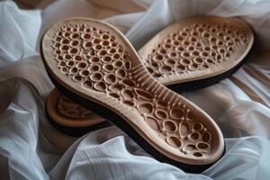 Orthopedic insoles lying on white fabric offering arch support photo