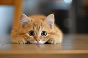 Adorable ginger kitten lying on floor photo