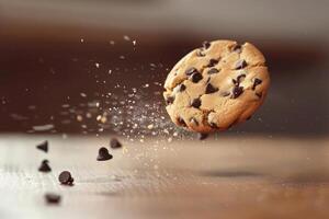 Chocolate chip cookie crumbling and exploding in slow motion photo