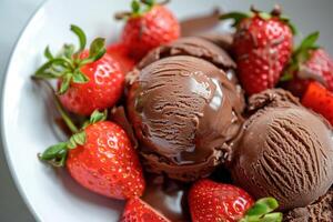 Chocolate ice cream scoops lying on white plate with fresh strawberries covered with chocolate sauce photo