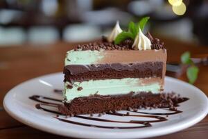 Slice of layered chocolate and mint cake with chocolate drizzle on white plate photo