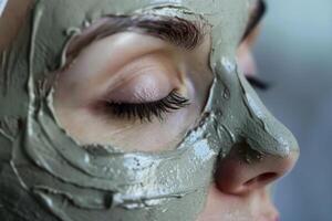 Beautician applying clay mask on woman face in spa salon photo