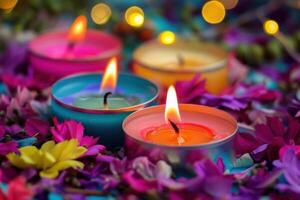Burning candles creating romantic atmosphere with colorful flowers and bokeh lights photo