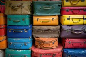 Stack of colorful vintage suitcases representing travel and adventure photo