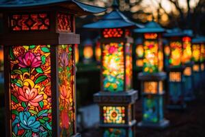 Row of colorful paper lanterns illuminating with candlelight at dusk photo