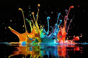 Colorful paint splashing and mixing on black background with reflection photo