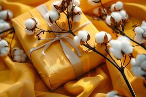 Gift box wrapped in yellow paper lying on yellow fabric with cotton plant branches photo