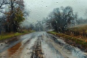 Rain falling on windshield, showing muddy country road in autumn photo