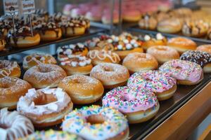 Assorted fresh donuts on display at bakery photo