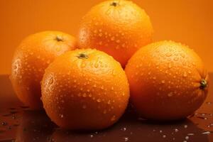 Fresh oranges with water drops on orange background photo