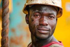 Close-up of a focused construction worker with a helmet against a colorful background photo