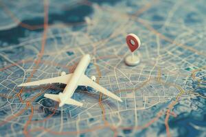 Miniature airplane on a city map showing the destination point with a red pin photo