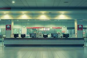Empty check in desks waiting for passengers at airport terminal photo