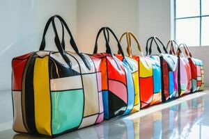 Row of colorful designer handbags with geometric pattern standing on the floor photo