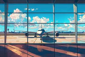 Airplane waiting at the gate on sunny day at airport terminal photo