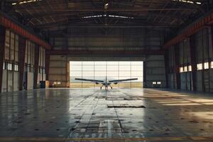 Small airplane standing inside spacious empty hangar photo