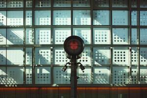 Red security camera pointing at viewer in modern building photo
