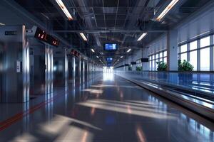 Modern airport terminal with moving walkway and elevators photo
