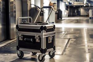 Black metal suitcase with wheels standing in the hall photo