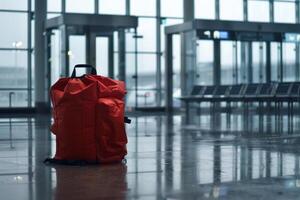 Red backpack standing alone in empty airport terminal photo