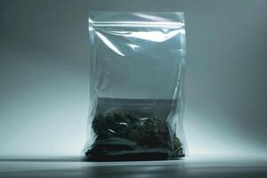 Transparent plastic pouch filled with marijuana buds on reflective surface photo