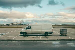 White delivery van parked on airport tarmac with airplane in background photo