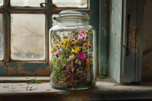 Glass jar full of colorful wildflowers is standing on rustic window sill photo