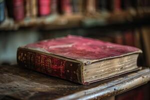 Old book resting on a wooden surface with books in the background photo
