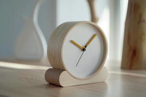 Modern minimalist wooden alarm clock with yellow hand showing time on table photo
