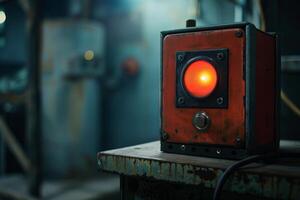 Red warning light blinking on machine in industrial factory photo