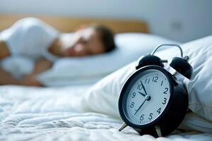 Alarm clock showing seven o'clock with man sleeping in the background photo